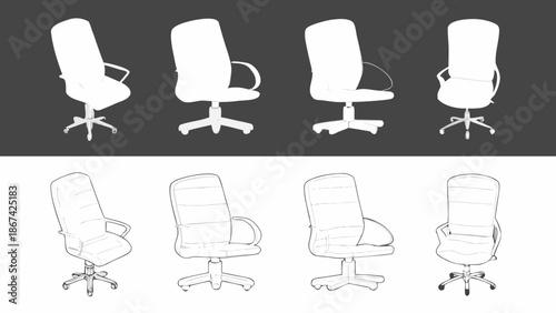 Illustrative depiction of office chairs in varying perspectives and line styles