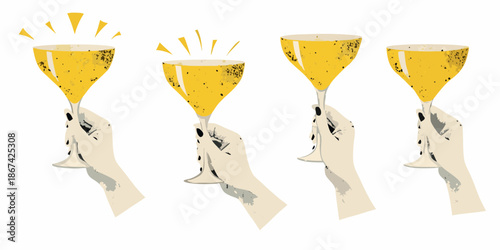 Four champagne flutes held in hands with sparkling bubbles illustrated style