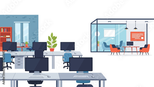 Modern open office space with workstations and meeting room