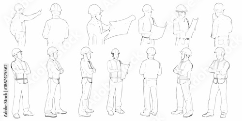Line art illustration of construction workers in various poses and outfits