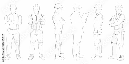Line art illustration of six construction workers in various poses