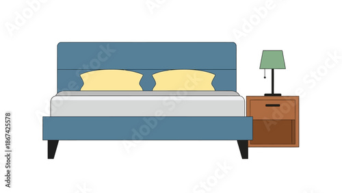 Modern Bedroom Interior Design with Blue Bed and Nightstand