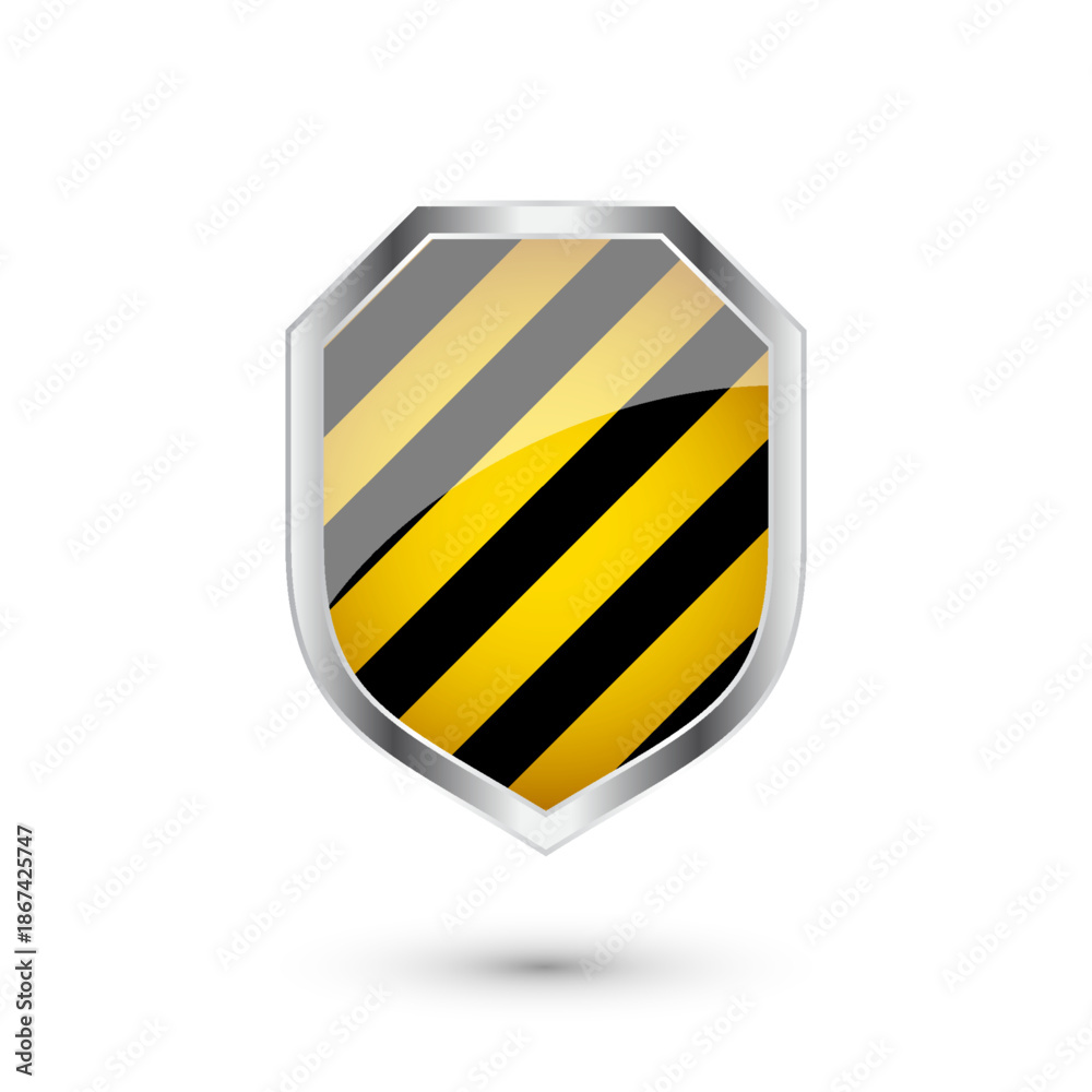 Fototapeta premium Glossy shield with yellow and black pattern. Security and protection concept. Cyber safety icons, internet privacy, web defense, digital data protection and antivirus themes. Vector illustration.