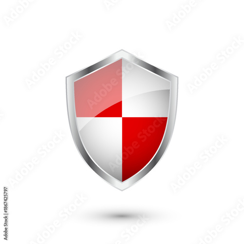 Glossy shield with red and black pattern. Security and protection concept. Cyber safety icons, internet privacy, web defense, digital data protection and antivirus themes. Vector illustration.