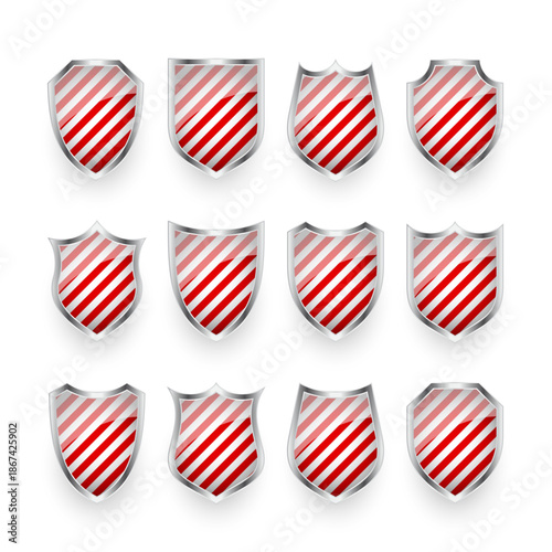 Glossy shields with red and black white. Security and protection concept. Cyber safety icons, internet privacy, web defense, digital data protection and antivirus themes. Vector illustration.