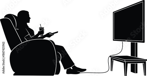 Black vector silhouette illustration of a woman sitting in a recliner chair holding a drink and remote while watching a large television.