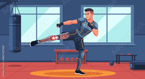 Futuristic athlete with robotic leg training in the gym, demonstrating technology and power for