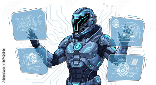 Futuristic cyborg interface manipulating holographic data displays in a digital environment