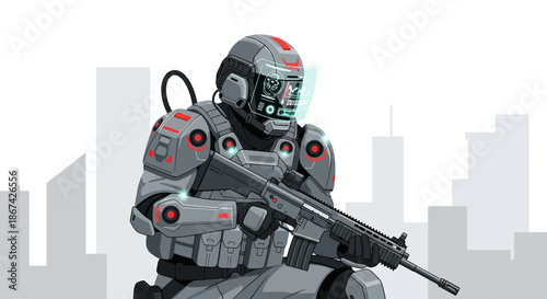 Futuristic cyborg soldier with advanced weaponry against a minimalist city backdrop illustration