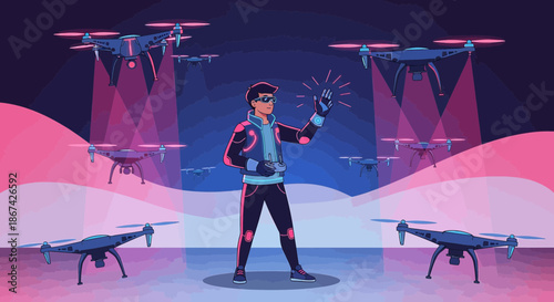 Futuristic drone controller commanding a fleet of drones with a digital interface for advanced