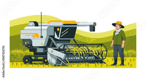 Futuristic farming concept illustration depicting farmer and advanced harvesting machine on a