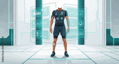 Futuristic fitness technology illustration, monitoring human performance and health data in