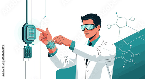 Futuristic lab work: Scientist interacts with advanced technology in a modern environment