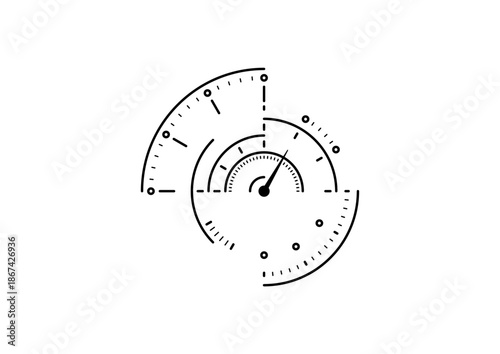 Linear, technologically advanced semi-circular dial concept. Electronic dial interface. Dial concept for business, education, sports, and technology