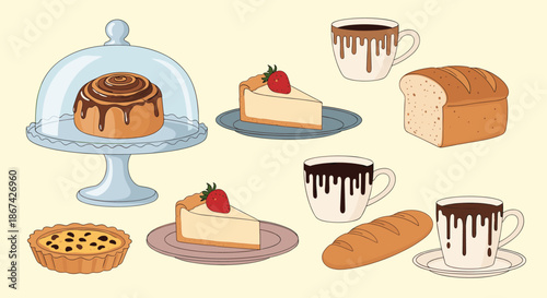 Charming bakery set with a cinnamon roll, cheesecake slices, fresh bread, a tart, and mugs of hot chocolate illustration.