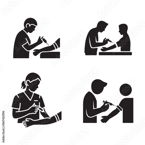 Black and white illustration depicting medical professionals administering vaccinations to patients of various ages and genders