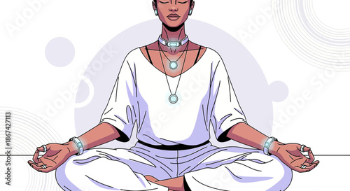 Futuristic meditation illustration featuring an afro-descent woman in a peaceful pose with modern
