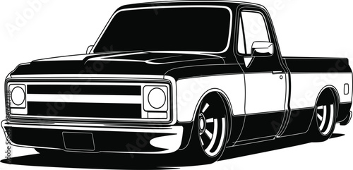 Classic pickup truck vector illustration, vintage custom lowered street rod vehicle for automotive and transport design
