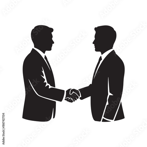 A striking black silhouette depicts two formally dressed men engaging in a firm handshake symbolizing agreement