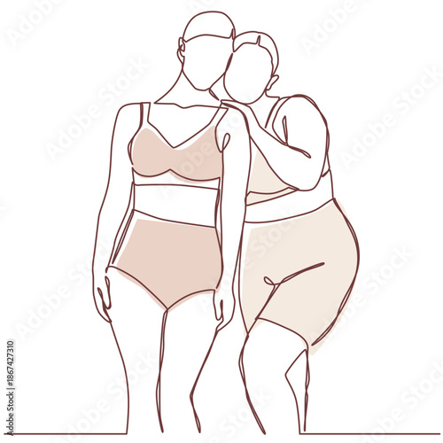 Two women pose in underwear one line drawing. Two women pose in underwear single line illustration. Two women pose in underwear minimalist line art. Two women pose in underwear vector art