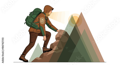 A solitary journey: A stylized hiker ascends a mountain peak with geometric mountains and sunlit