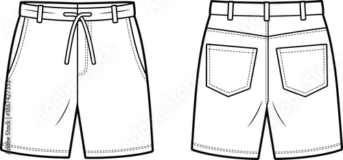 Front and back view of white shorts with drawstring and pockets apparel clothing