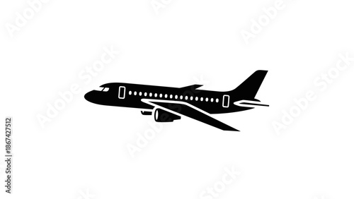 Modern Passenger Airplane Flying in Sky Side View Silhouette Isolated White Background