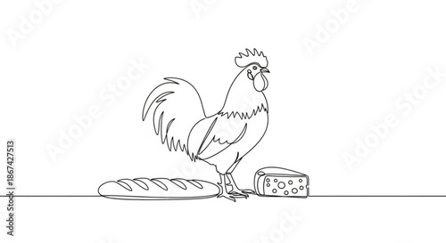 Rooster standing next to baguette and cheese in minimalist style  