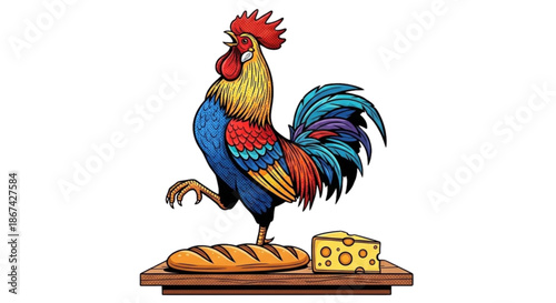 Colorful rooster standing on wooden board with cheese and bread  
