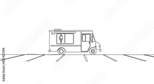 Ice cream truck parked in a lot with outline drawing style  