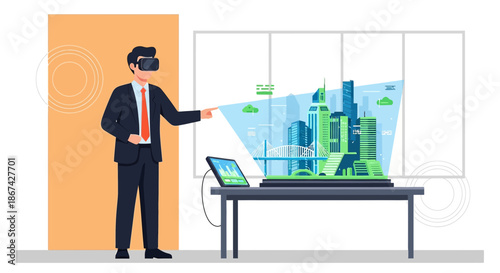 Architectural innovation showcase a businessman presenting urban design with augmented reality