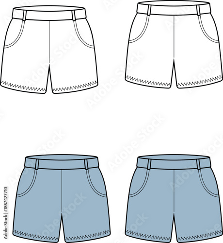 Front view of white and light blue denim shorts with zigzag hem clothing apparel