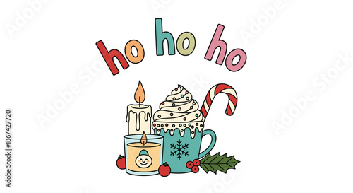 Festive Christmas illustration with "ho ho ho" text, a mug of hot chocolate, candles, and holly in a cute retro style.