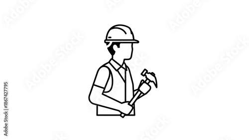 Outline Icon of a Construction Worker Wearing a Hard Hat and Holding a Hammer, isolated white background