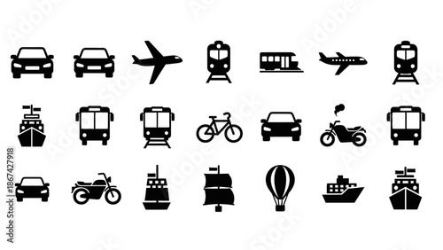 Comprehensive Transportation Vehicle Icons Set Including Cars Trains Planes Bikes Boats on Isolated White Background