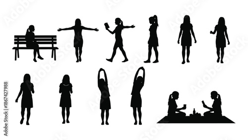 Silhouette figures of people in various poses and with park furniture