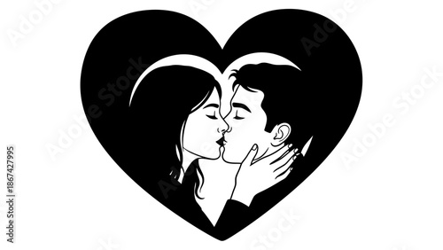 Vector illustration of a black silhouette profile featuring a man and woman in a romantic kiss with a child and a heart symbol representing family love and wedding romance
