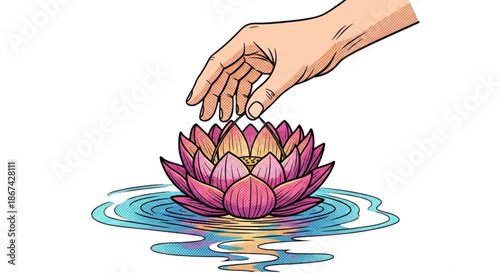 Hand placing lotus flower in serene water  