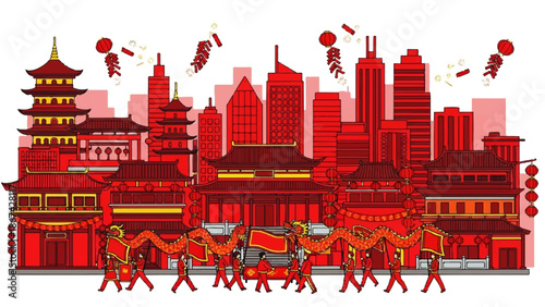 Celebrating a vibrant Chinese day in a bustling cityscape with traditional architecture and cultural festivities