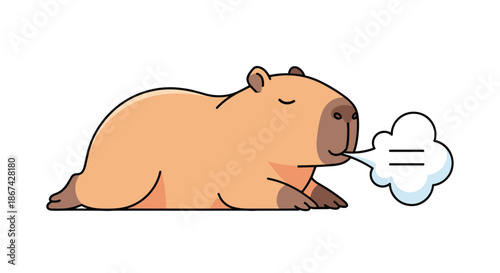 Cute and funny cartoon capybara lying down and relaxing with a speech bubble, isolated on a plain white background vector.