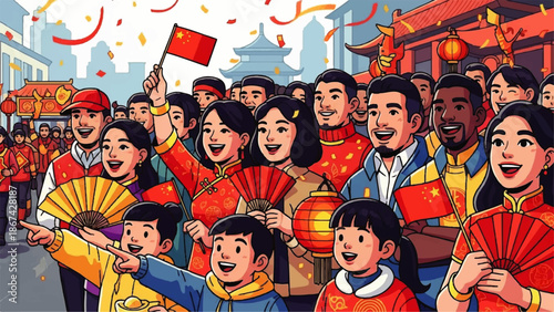 Vibrant Chinese Day Celebration with Diverse Crowd Enjoying Cultural Festivities in a Lively Street Parade