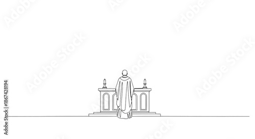 Person standing before a memorial altar in a minimalist setting  