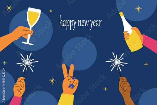 Human hands holding a glasses of champagne and celebrating new year. Bengal light, champagne and confetti. Happy new year  vector illustration