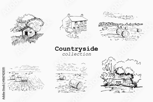 Countryside nature elements and rural huts set for greeting card design