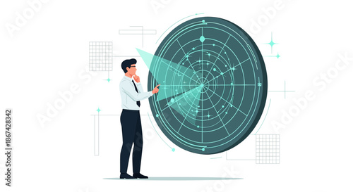 Business strategist analyzing advanced technology radar for future opportunities and predictions