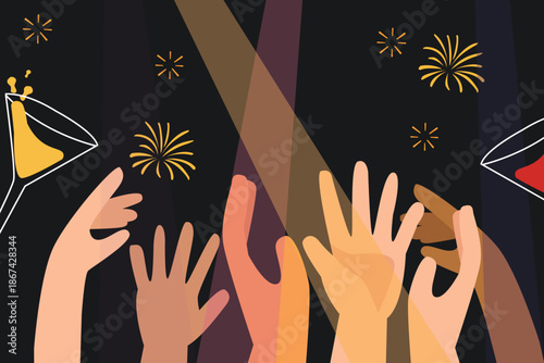 Human hands holding a glasses of champagne and celebrating new year. Bengal light, champagne and confetti. Happy new year  vector illustration