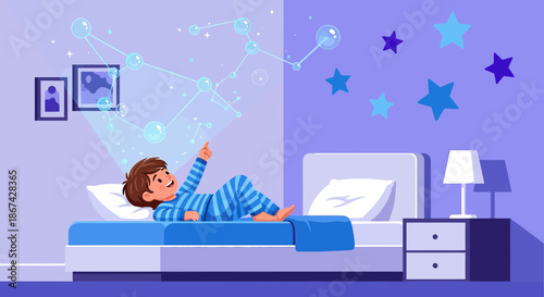 Boy's imagination turns his bedroom into a starry night adventure with celestial wonders