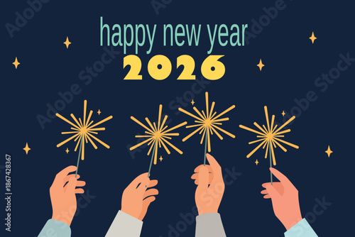 Human hands holding a glasses of champagne and celebrating new year. Bengal light, champagne and confetti. Happy new year  vector illustration