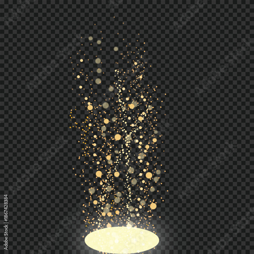 Golden sparkling particles rising from a glowing light source on transparent background