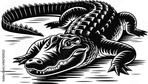 Large alligator silhouette vector illustration, wild reptile predator sketch for nature and swamp river wildlife design